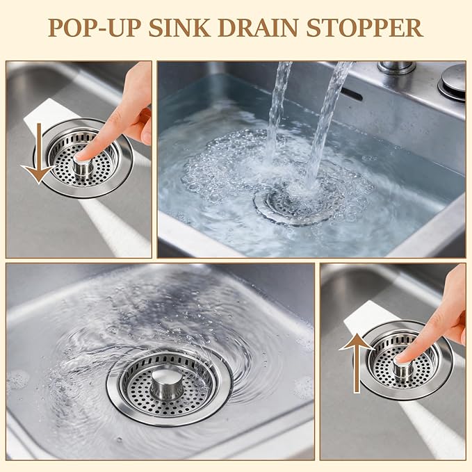 3-in-1 Kitchen Sink Drain Strainer -2 Pack Pop Up Sink Stopper with Anti-Clogging Basket, Kitchen Gadgets Clearance Sink Accessories, Fits Standard 3-1/2” Openings for Double Bowl Kitchen Sinks