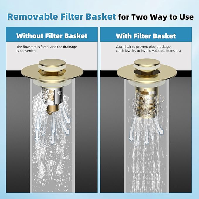 Universal Metal Bathroom Sink Drain Strainer Hair Catcher Upgraded 3 in 1 Pop-up Sink Stopper, with Detachable Stainless Steel Filter Basket, Fit for Standard 1.1''~2.36'' Basin Hole, Brushed Gold