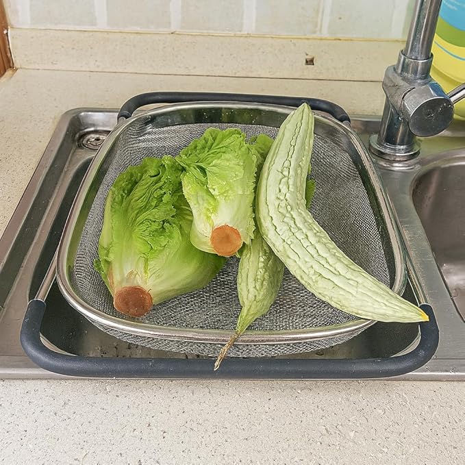 Premium Quality Over The Sink Stainless Steel Oval Colander with Fine Mesh 6 Quart Strainer Basket & Expandable Rubber Grip Handles - Strain, Drain, Rinse Fruits, Vegetables1 (1)