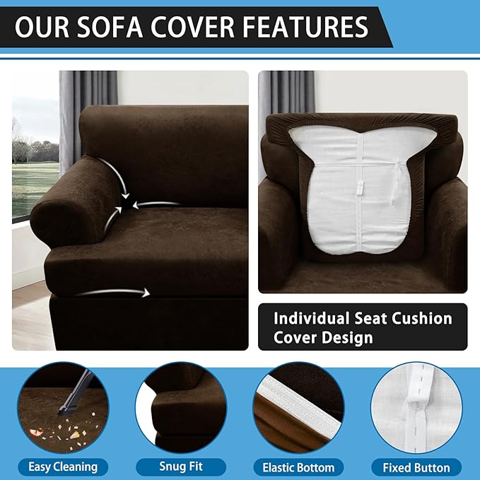 2-Pieces T Cushion Armchair Slipcovers Leather Look Couch Cover Chair Covers Stretch Furniture Protector Sofa Cover with 1 Individual T Cushion Seat Cover Slipcover Sets Washable, Coffee