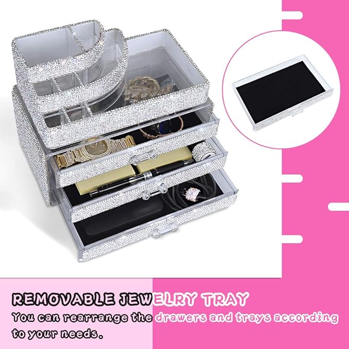 KEYPOWER Bling Rhinestone Makeup Cosmetic Jewelry Organizers Drawer & Remote control Holder(White)