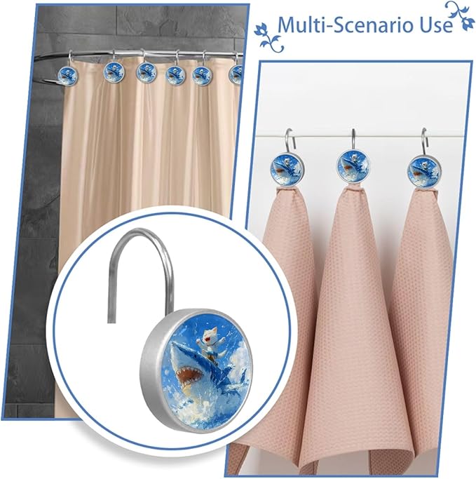 Cat Riding Shark Shower Curtain Hooks Rings, Stainless Steel Rust Proof Shower Curtain Hooks, Decorative Shower Hooks for Bathroom Shower Rods Curtains, Set of 12