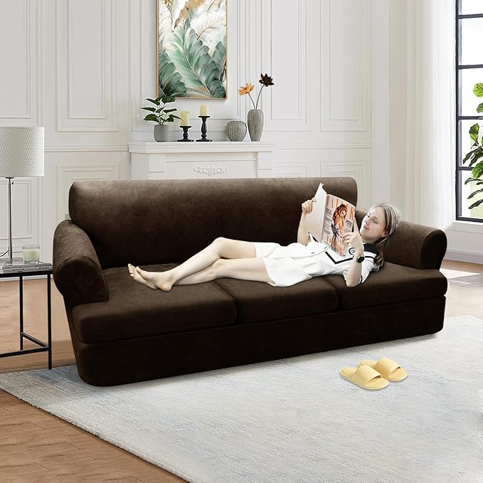 4-Piece T Couch Cover - Leather Look Slipcovers for 3 Cushion Sofa, Washable, Coffee