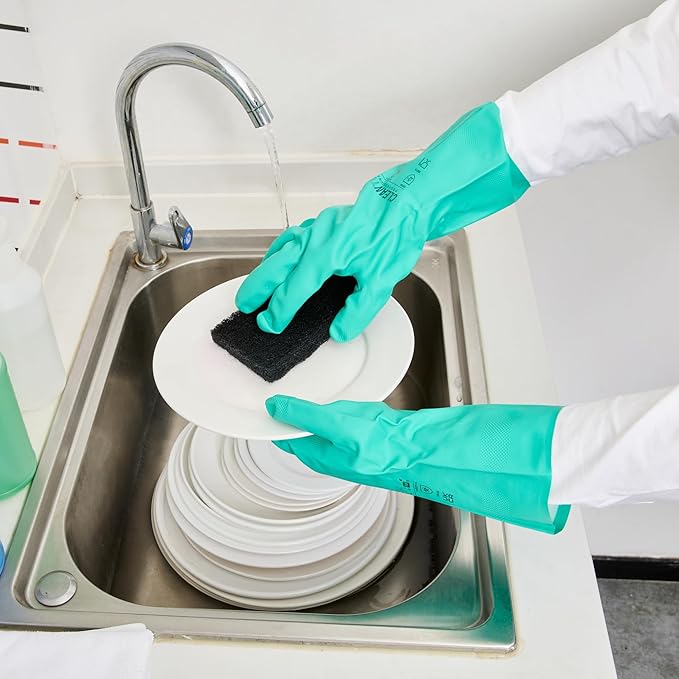 Restaurantware Green Cleaning Gloves 10 Pairs 15 Mil Thick Extra Large Heavy-Duty Nitrile Gloves With Long Cuff No-Latex Flock Lining For Use In Hospitals, Commercial Kitchens and Households