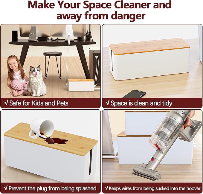 Cable Management Box,2 Pack Wooden Style Large Cable Organizer Box for Office and Home,Cable Organizer Box with Proof Lock for Baby-Pets,Wood Lid（White,2 Pack