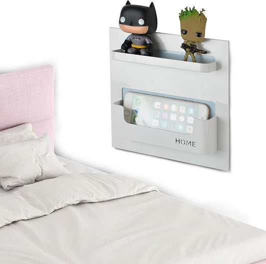 Bedside Shelf with Strong Sticky Gel,Wall Mount Organizer Holder for Cell Phone,Glasses,Remote,Keys,Adhesive Wall Shelves for Bedroom,Bathroom, Kitchen,No Drill Space Saver (Horizontal Type/White)