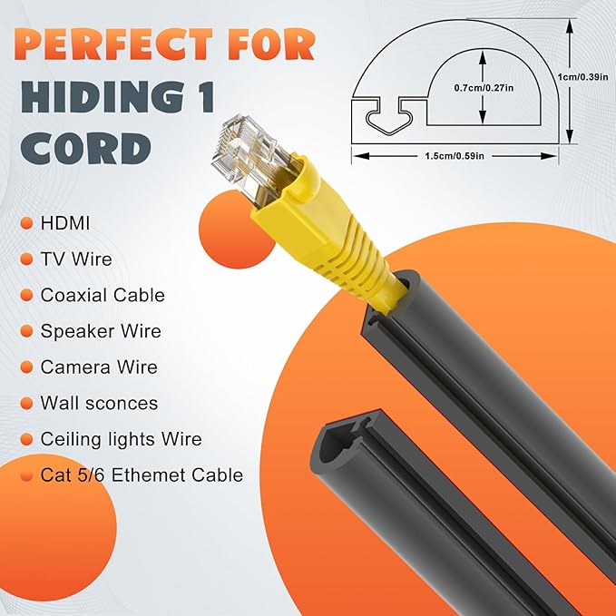 Wall Cord Hider 78 Inch, Self Adhesive Cable Hider Cord Cover for Wires, Flexible Wire Cover Cable Raceway for Cord Management W0.59 H0.39in Black