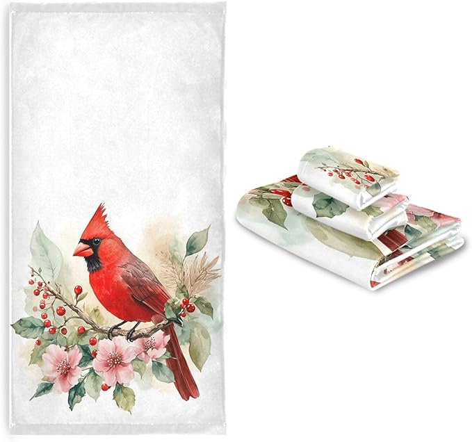 Pfrewn Christmas Winter Towels Set of 3 Red Cardinal Bird on Beautiful Flowers Bathroom Towel Soft Absorbent Bath Hand Towels Washcloth Guest Towel Sets Xmas Holiday Decor