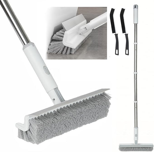 Floor Scrub Brush with Long Handle, 2 in 1 V-Shape Grout Brush with Squeegee + 2 Crevice Cleaning Brushes, Heavy Duty Stiff Bristle Scrubber Brush for Cleaning Shower Bathroom Kitchen Tile