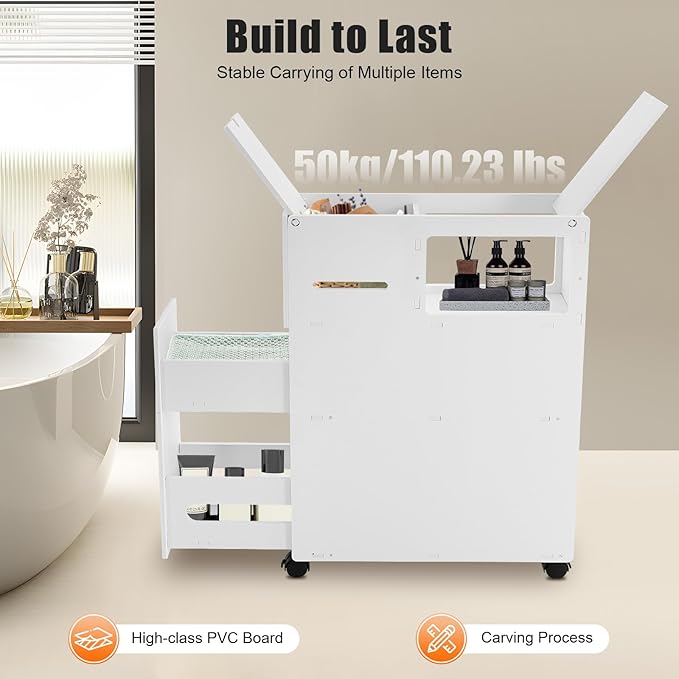 Small Bathroom Storage Cabinet with Lockable Wheels, Narrow Floor Organizer for Small Space, Rolling Toilet Paper Holder with Slide Out Drawers, Vertical Bathroom Organizer Next to Toilet