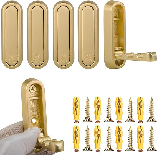 Foldable Hooks Wall Mount, Folding Coat Hooks Wall Mounted - Retractable Space Saving Organizer for Bathroom, Kitchen, Bedroom & Closet - Holds Scarf, Hat, Robe, Key, Purse, Bag (4, Gold)
