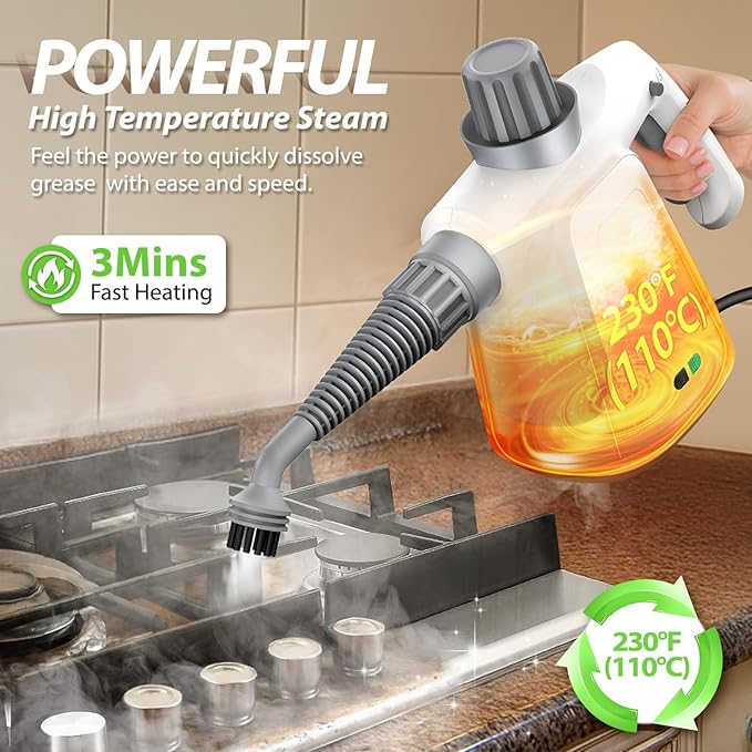 15.2OZ Steam Cleaner, Hands-free Steamer for Deep Cleaning with 14PCS Accessories & Safety Lock, Chemical-Free Handheld Steam Cleaner for Home, Car, Furniture, Grease, Grout, Floor (White)