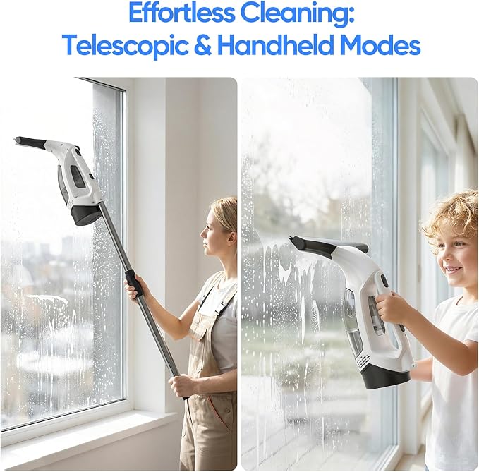 Window Vacuum Squeegee Cordless, 2000Pa Electric Window Cleaner Tool with Extension Pole Window Cleaning Kit 11" Shower Squeegee for High Windows, Shower Doors, Tile & Car Windshield