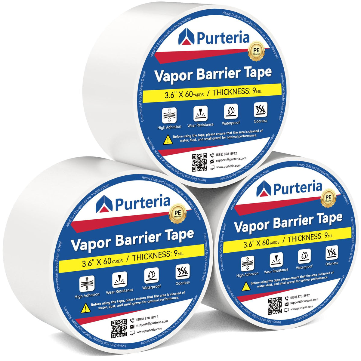 Vapor Barrier Tape, 9 Mil 3.6" x180', 3 Roll - Image 1