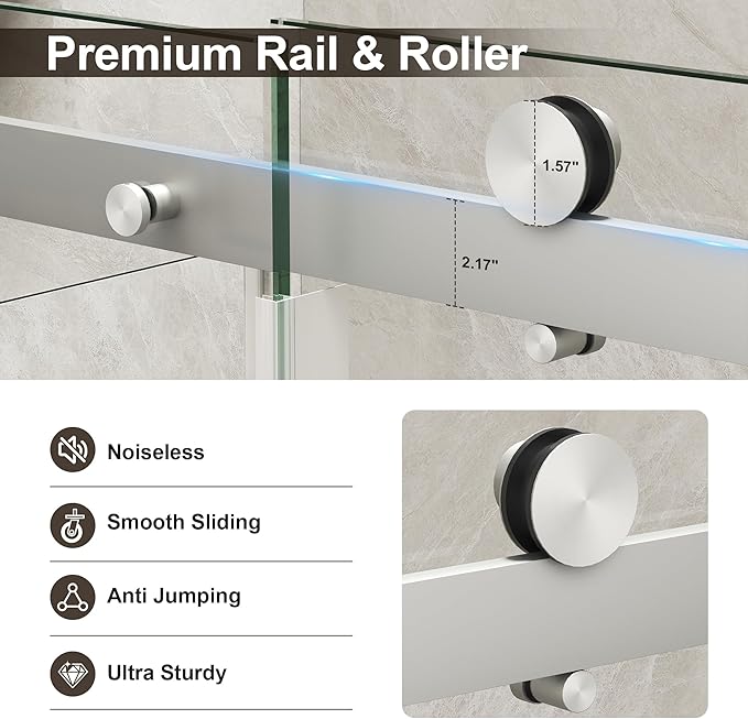 Frameless Shower Door,Single Sliding Glass Shower Door with Nano Coating & Safety Film, Adjustable 55"-60" W x 72" H, Brushed Nickel,1/4" (6mm) SGCC Tempered Glass