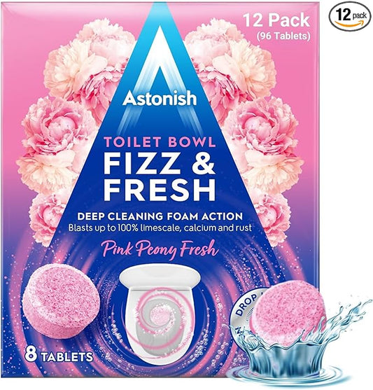 Astonish Foaming Pink Peony Toilet Bowl Cleaner 2 Pack - Deep Cleaning Limescale, Calcium & Rust - No Bottle, Removes Hard Stains (12 Boxes, 96 Tablets)