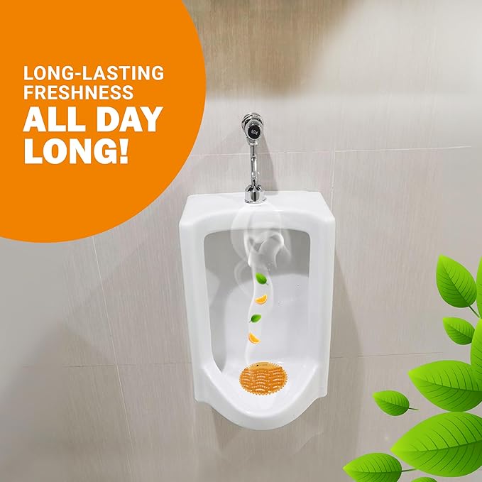 Urinal Screens Deodorizer -10 Pack of Premium Urinal Screen Cakes with Lemon & Orange Essential Oil Scents - Fits Wet & Dry Urinals - Splash Reducing Mats with Long Lasting Odor Freshener (Orange)
