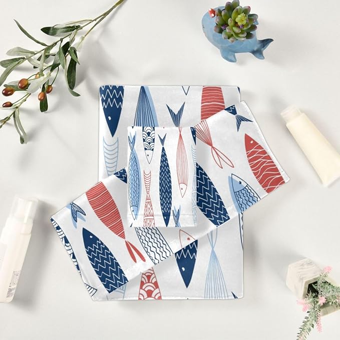 Colorful Fish Bath Towels Set,Absorbent Soft 3 Piece Vintage Nautical Costal Beach Theme Fishes Towels for Bathroom,1 Bath Towel 1 Hand Towel 1 Washcloth,Quick Dry Decoractive Bathroom Towels