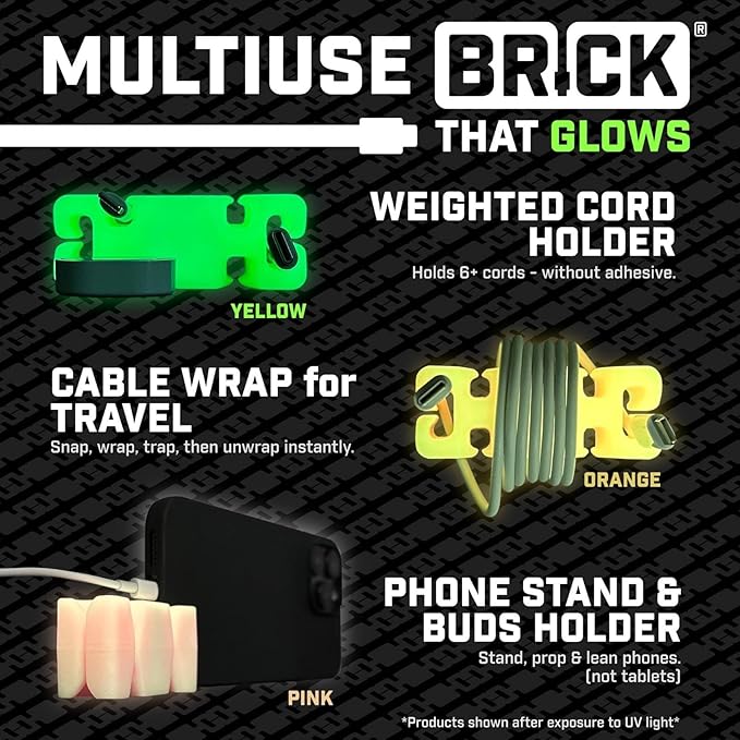 GlowBrick Stocking Stuffers for Adults Cord Management Weighted Cord Holder Cable Wrap Phone Stand - Glow-in-The-Dark Gadget Organizer for Nightstand. Gift for Men, Silicone. 4pk Yellow Glow