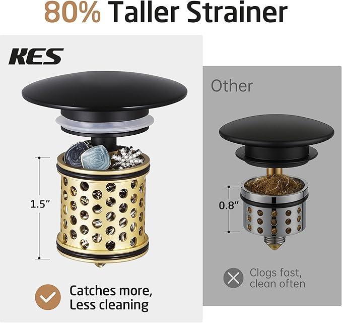 KES Bathroom Sink Drain with Overflow, All Metal Pop Up Drain for Bathroom Sink Stopper with Strainer Basket Hair Catcher Anti Clog Rustproof Matte Black, S2018A-BK