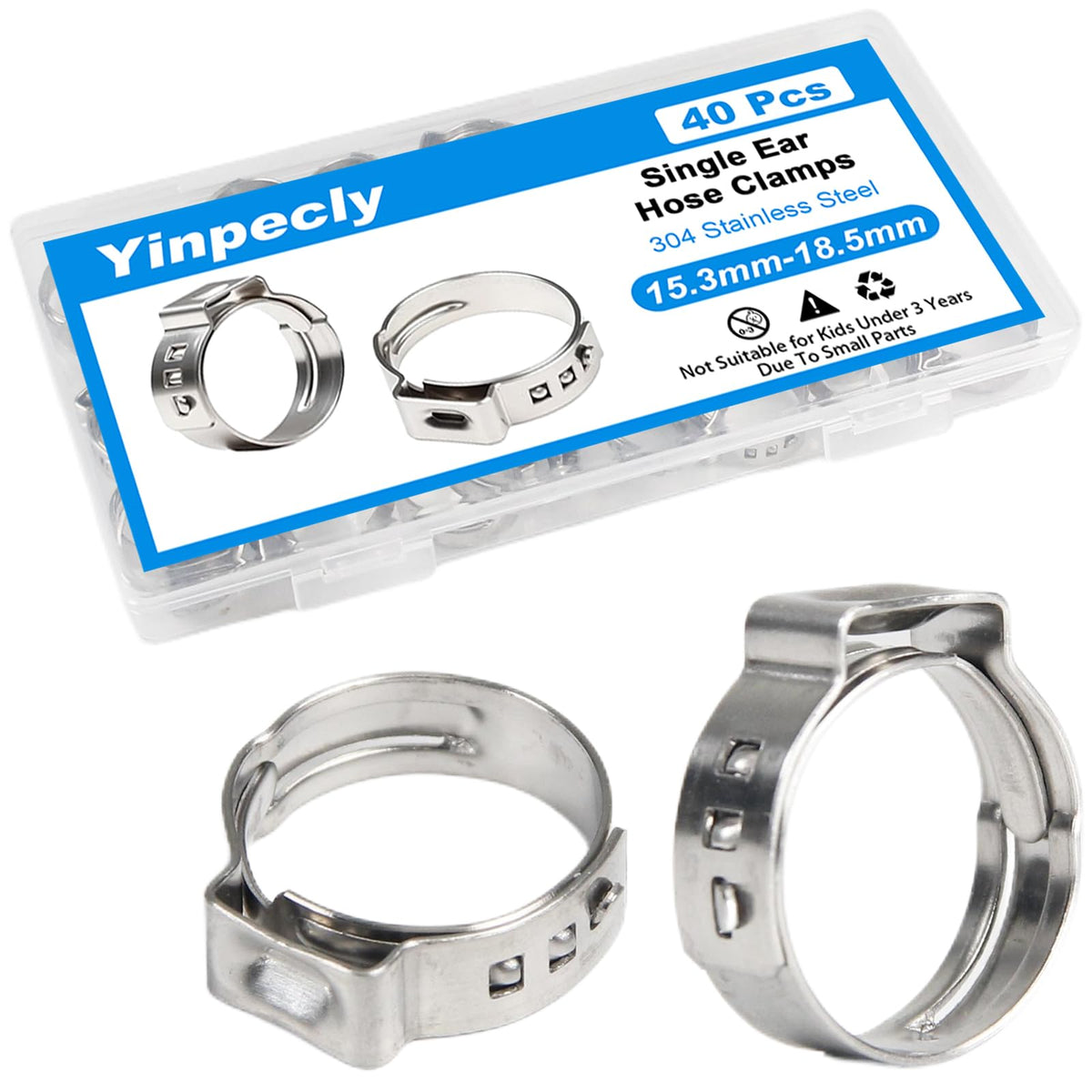 40Pcs 15.3mm-18.5mm (1/2") Single Ear Hose Clamps PEX Crimp Rings - Image 1