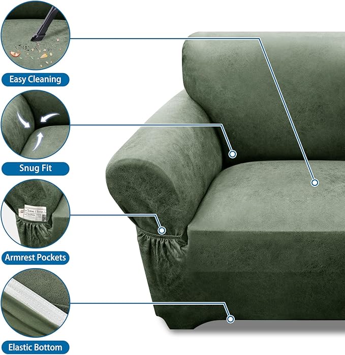 Loveseat Sofa Slipcover Leather Look Couch Covers for 2 Seater Couch Sofa 1-Piece Sofa Cover Stretch Furniture Protector with Elastic Bottom & Pockets(Loveseat, Army Green)