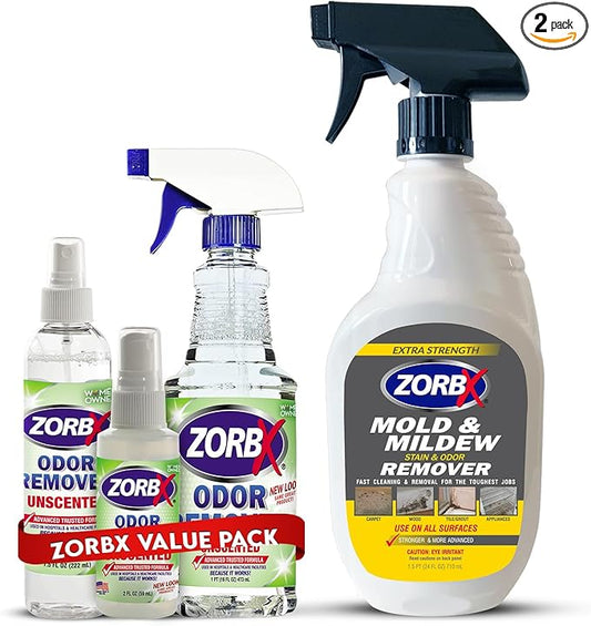 ZORBX Odor Remover Bundle – Includes 16 Oz Fast-Acting Odor Remover Spray, 7.5 Oz Compact-Sized Odor Remover Spray, 2 Oz Travel-Friendly Odor Remover Spray, & 24 Oz M&M Stain and Odor Remover Spray