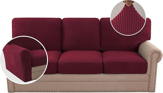 H.VERSAILTEX Multi-Pieces Sofa Covers Stretch Couch Covers Form Fitted Seats and Back Cushions Covers (3 Seat Covers Plus 3 Back Cusion Covers, Bonus 2 Armrest Covers), Burgundy