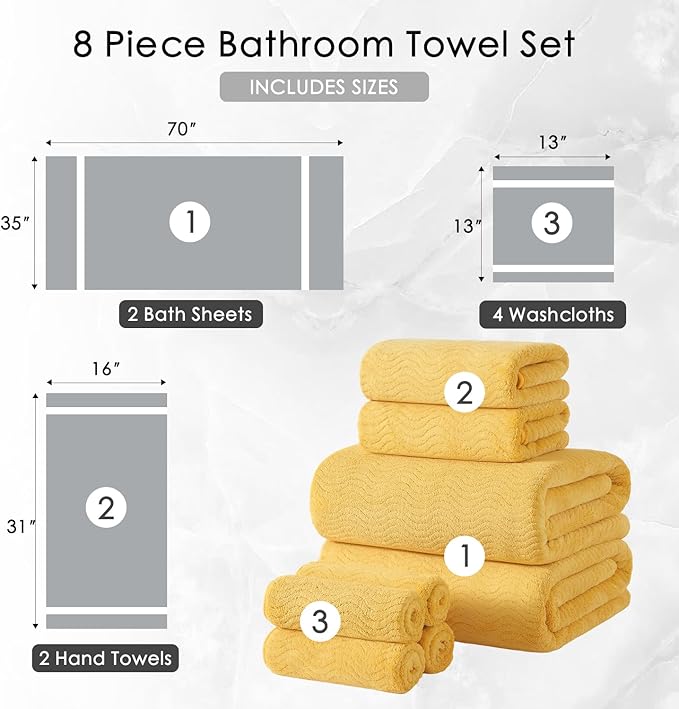 8 Piece Bath Towel Set |2 Oversized Large Bath Sheet,2 Hand Towels,4 Washcloths| Ultra Soft Cozy Bath Towel Set for Bathroom Hotel Gym Spa,Highly Absorbent Quick Dry Bathroom Towel Collections,Yellow