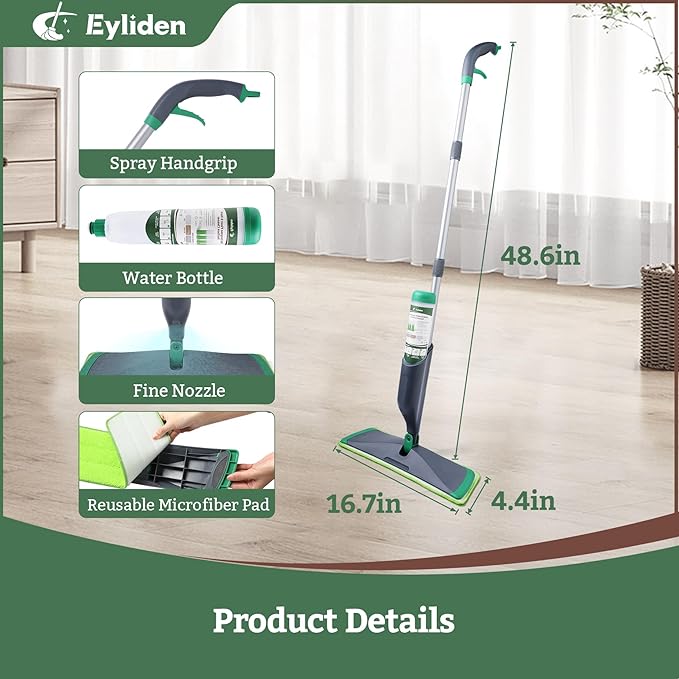 Eyliden Spray Mop with Cleaner Solution | 40ml Bio-Enzyme Floor Cleaner Concentrate - pH Neutral, 2 Microfiber Pads, Long-Lasting Freshness, Effective All-in-One Wet Mops Safe for All Floor Cleaing