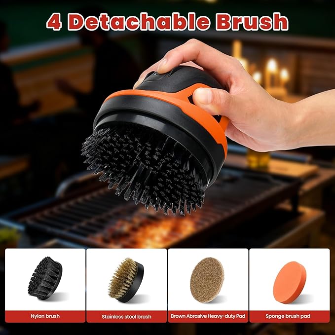 Electric Grill Brush- Waterproof Cordless Rotary Cleaning Brush with 4 Heads for Outdorr Grill,Car,Bathroom