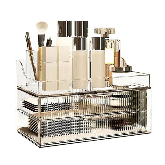 DASITON Clear Dustproof Two layers Storage Box,Makeup Brush Holder,Large Capacity Desktop Storage Box with Drawer,for Beauty Products,Perfume,Jewelry,Nail Polish