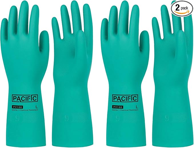 PACIFIC PPE 2 Pairs Nitrile Chemical Resistant Gloves, Flocked, Resist Household Acid, Alkali, Latex Rubber Free, 15 mil, 12.6", XX-Large