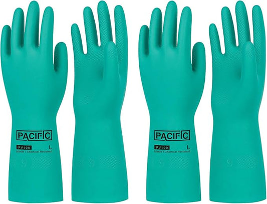 PACIFIC PPE 2 Pairs Nitrile Chemical Resistant Gloves, Flocked, Resist Household Acid, Alkali, Latex Rubber Free, 15 mil, 12.6", Large