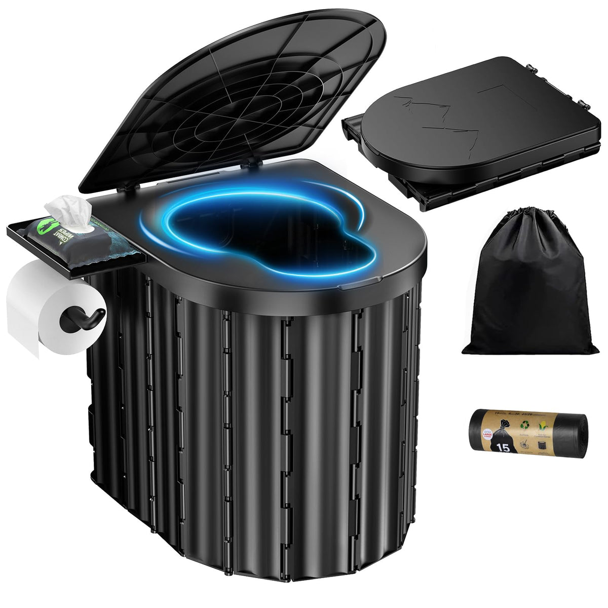 Portable Toilet, Upgraded 15'' toilet With Removable Paper Holder - Image 1