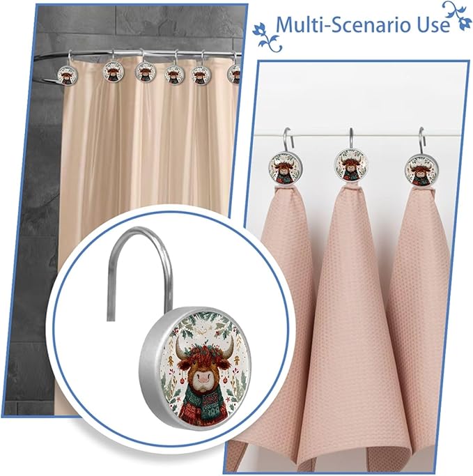Highland Cows and Leaves Rust Proof Shower Curtain Hooks 12Pcs for Bathroom Shower Rod, Decorative Shower Hooks Shower Curtain Hanger Rings Roller, Glass, Resin, Stainless Steel
