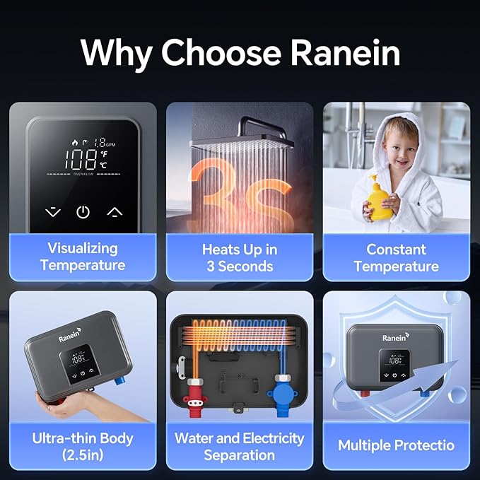 GEN II Ranein Electric Tankless Water Heater Ultra Edition, 8kW, 240V, On Demand Instant Endless Water Heater with LED Display, Point of Use, Compact Under-sink Design for Bathroom and Kithcen