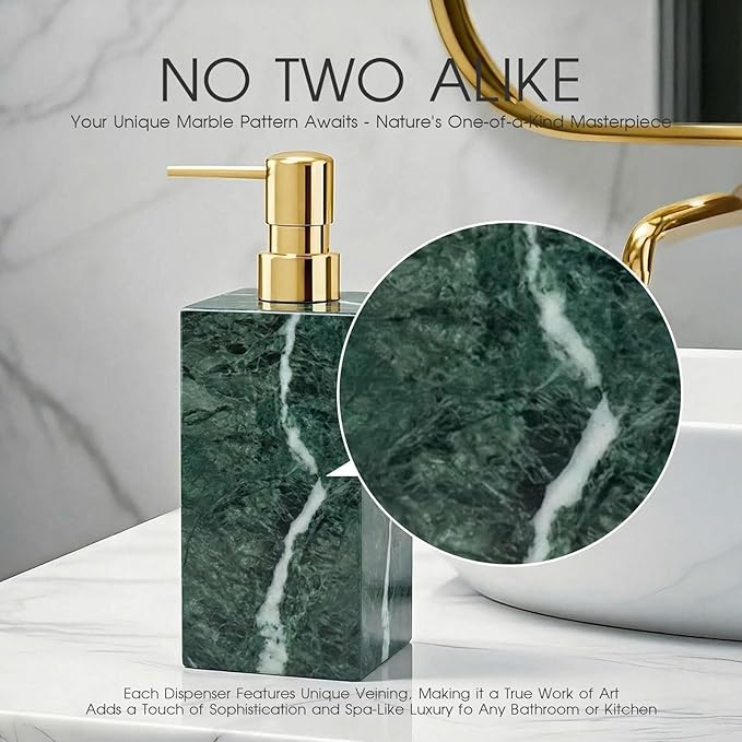 Real Natural Marble Soap Dispenser with Stainless Steel Pump Decorative Liquid Hand Soap Bottle for Kitchen Bathroom, Compatible with Lotion, Dish Soap Shower Gel (Green 1 Set)