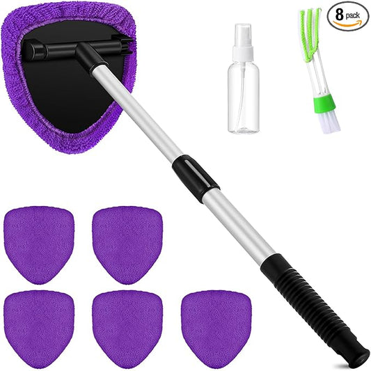 8 Pcs Car Windshield Cleaner Tool Kit with Extendable Handle, Microfiber Towel Pads, Brush, Empty Spray Bottle for Auto Glass Wiper Suvs Rvs & Home Windows(Purple)