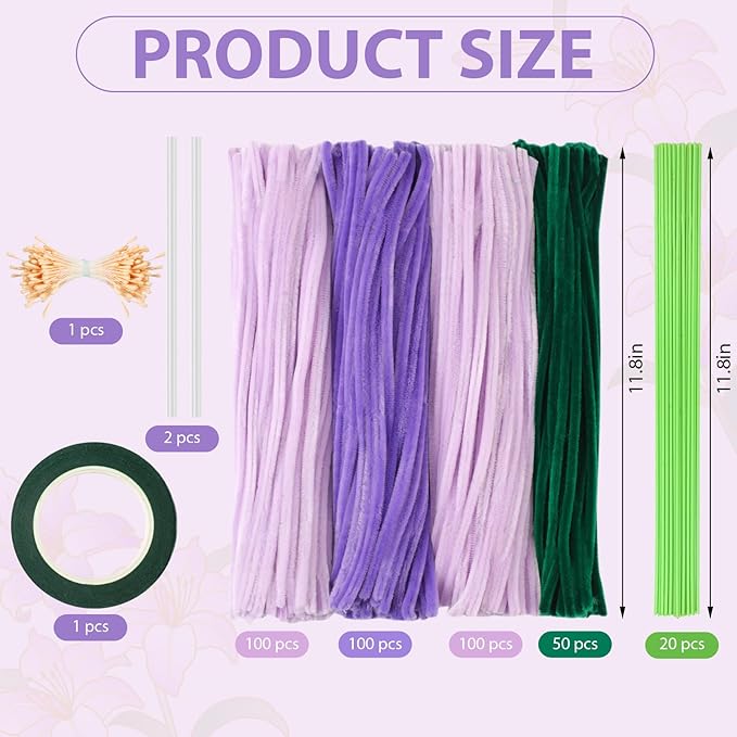 350 Piece Pipe Cleaner Craft, 4 Color Pipe Cleaners Bulk, Chenille Stems for DIY Flower Making Kits with Hot Melt Adhesive, Gardening Tape, Stamens (Purple)