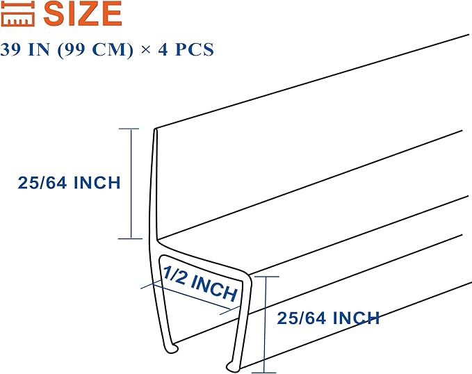 Frameless Shower Door Seal Strip 4 Pack x 39 Inch H for 1/2" Thick Glass Shower Door Side Seal Strip Bottom Seal Door Sweep Ultra Clear Polycarbonate, Stop Shower Leaks Create A Water Barrier