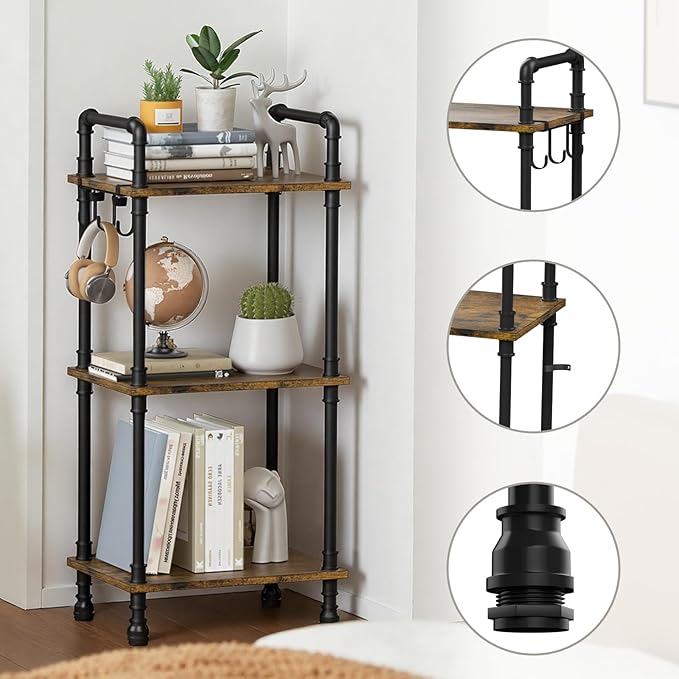 Aduanbang 4-Tier Industrial Pipe Ladder Shelf, Vintage Style Bookshelf, Freestanding Storage Rack Organizer for Living Room, Bedroom, Kitchen (Brown(3-Tier))