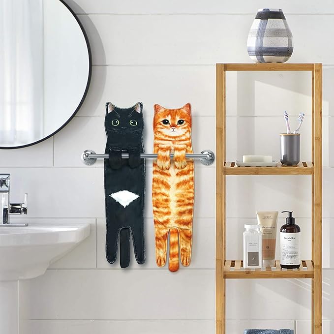 PAT JUUMG Funny Cat Hand Towels for Bathroom Kitchen Decor, Cute Decorative Hanging Face Towels, Super Absorbent Soft, Housewarming Gift, Cat Lovers Gifts for Women (2 Pack)