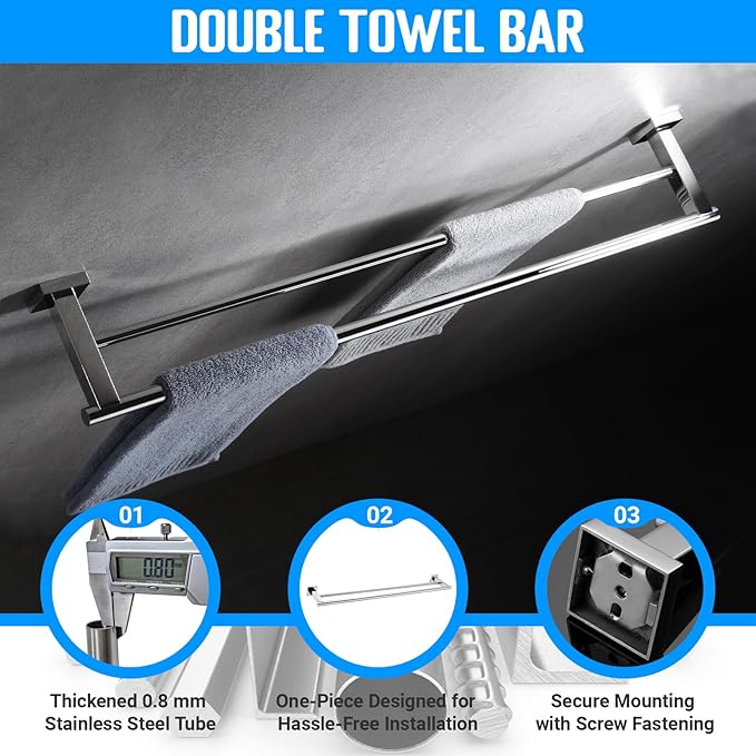 Miyili SUS304 Stainless Steel 5-Piece Bathroom Accessories Set with 30" Double Towel Bar, 5" Toilet Paper Holder, Towel Ring, 2 x Robe Hooks Bath Hardware Kit Wall Mount, Poilshed