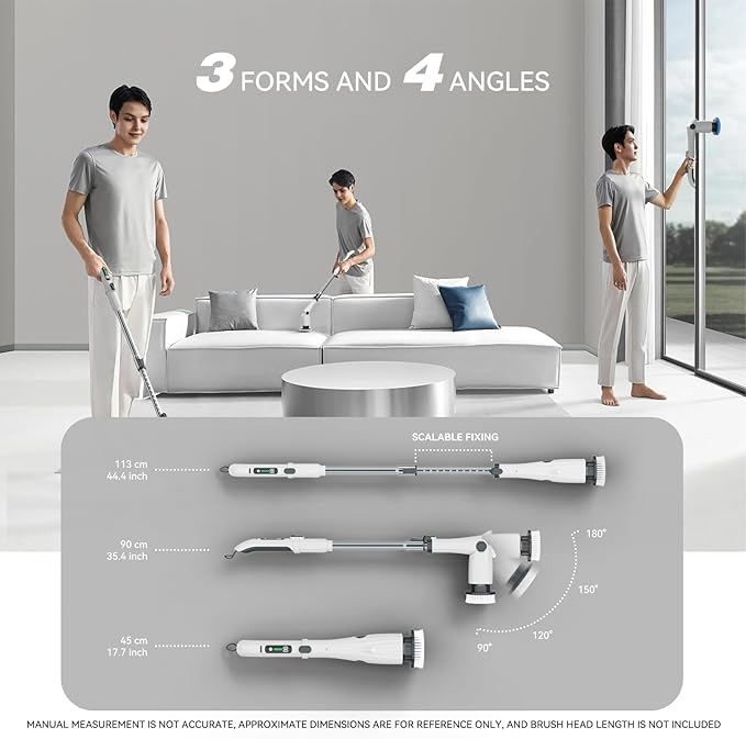 7.4V Electric Spin Scrubber Handheld Cordless Cleaning Brush Electric Cleaning Brush Kit with 7 Brush Heads, Adjustable Handle, 3 Speeds, Ideal for Home Kitchen Bathroom Wall Floor(Black)
