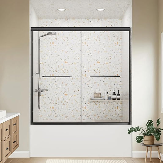 Bathtub Shower Door - 58-60" W×59" H Adjustable Aluminum Frame - 1/4 Tempered Glass - 4 Aluminum Rollers - Sliding Glass Door for Tub