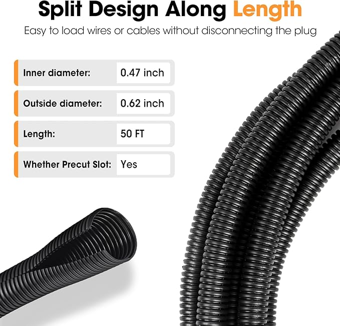 50 FT Wire Loom 1/2 Inch, Split Wire Loom Tubing Wire Conduit, Wire Protector Tubing – Black