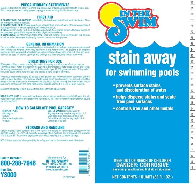 In The Swim Stain Away for Above Ground and Inground Swimming Pools - Removes Mineral Stains from Iron, Copper, and Magnesium in Swimming Pools - 1 Quart
