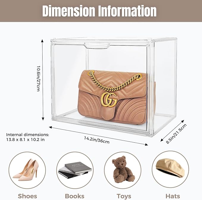 15 Pack Clear Acrylic Purse Organizer for Closet, Stackable Handbag Storage Boxes with Magnetic Doors, Dustproof Display Cases for Bags, Shoes & Collectibles
