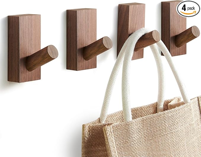 Natural Wooden Wall Hooks, Adhesive & Screw Mount Coat and Towel Hooks - Decorative Key Holder, Hat Rack, Stocking Wall Hangers for Bathroom Entryway Closet - 4 Pack, Walnut Wood